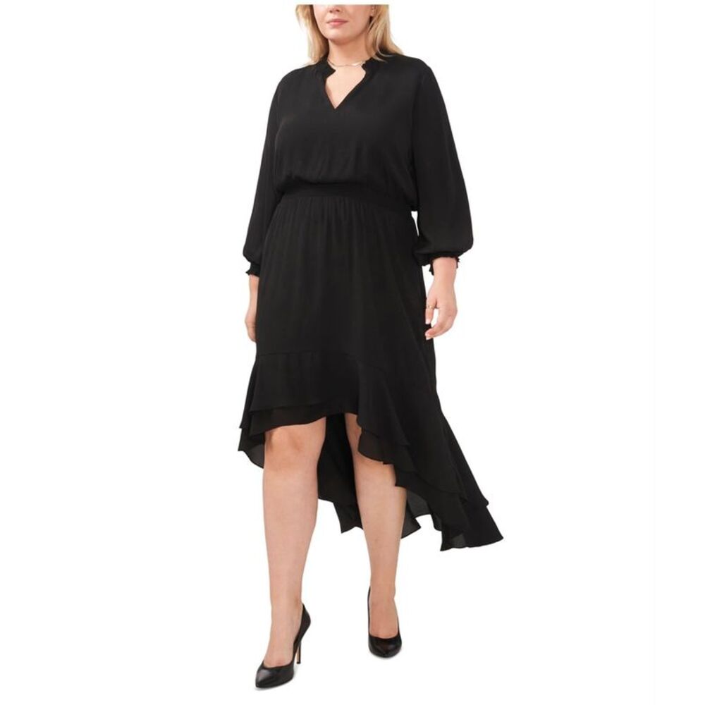 Vince Camuto Womens Smocked Trim High-Low Dress, Black, Plus Size, 2X, DM